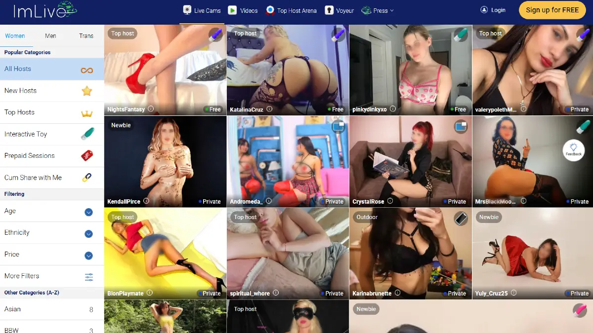 ImLive homepage with live cam models, private shows, and browsing tools