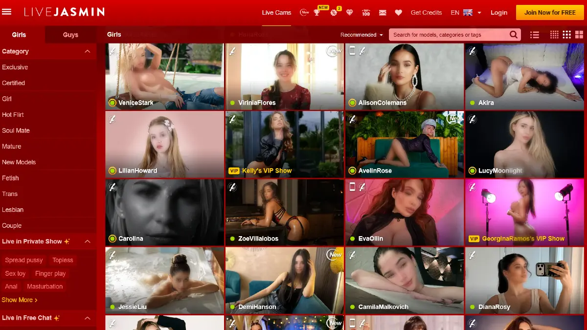LiveJasmin homepage with premium live cam models and browsing categories