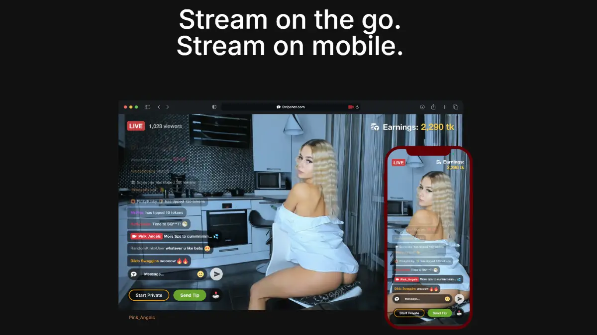 Stripchat model streaming from desktop and mobile devices with live chat, tips, and earnings displayed