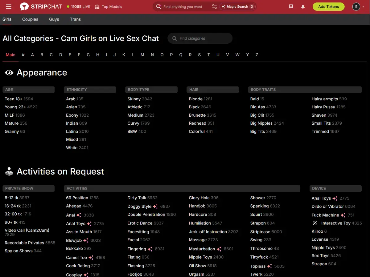 Stripchat All Categories page with appearance, private show, activity, device, and performer filters