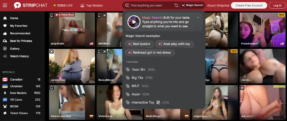 Stripchat Magic Search with example searches, trending tags, and live female model results