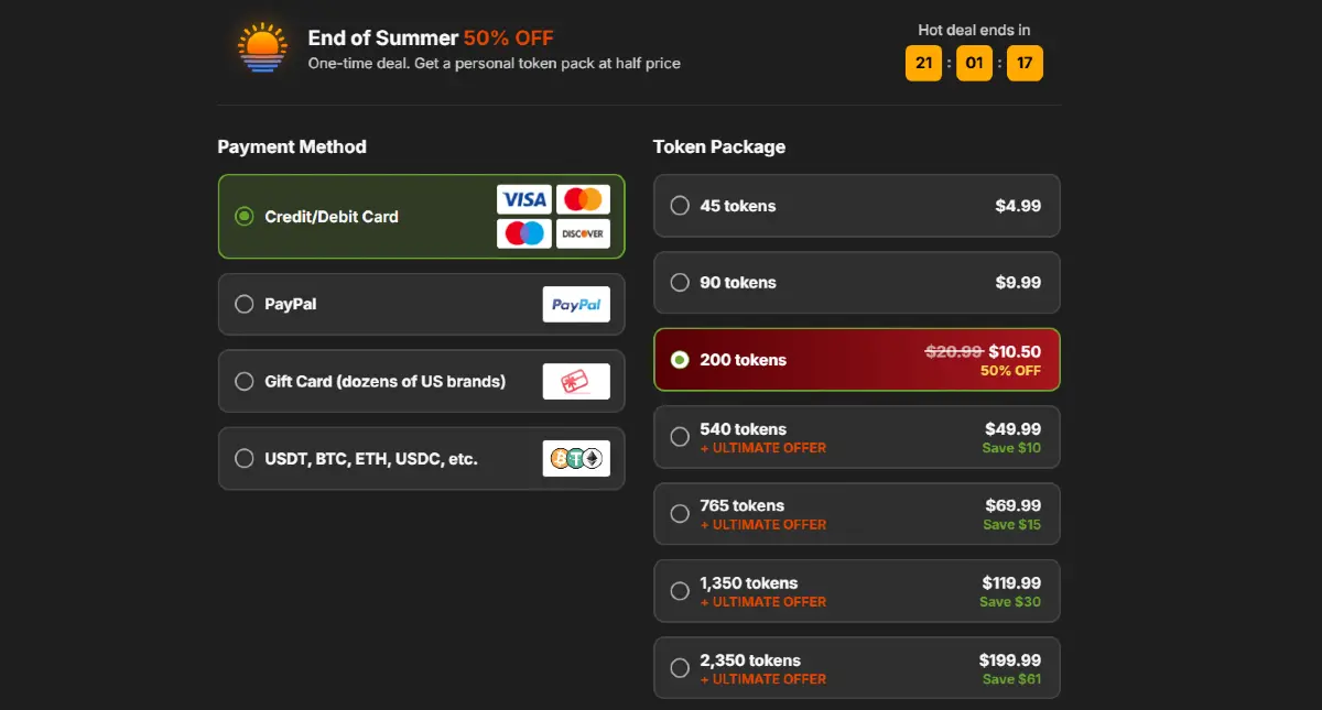 Stripchat 200-token package discounted from $20.99 to $10.50 during a 50 percent promotion