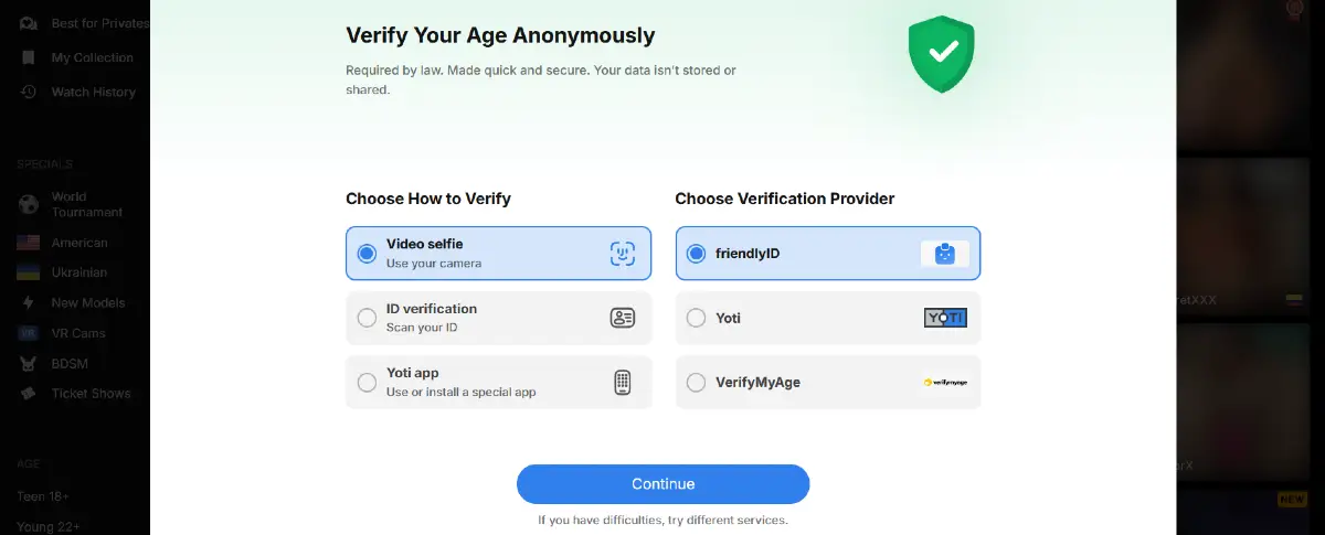 Stripchat anonymous age verification options including video selfie, ID scan, and the Yoti mobile app