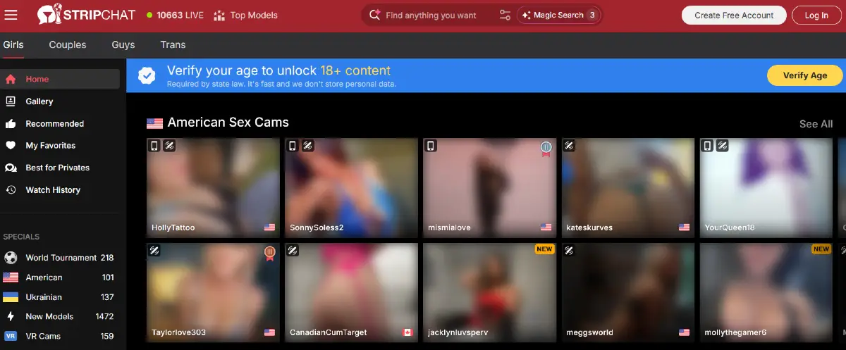 Stripchat homepage with blurred live model thumbnails and an age verification banner shown to users with a US IP address