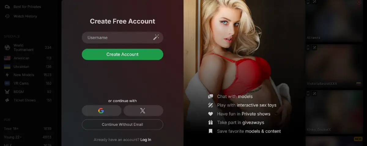 Stripchat free account signup screen with username, Google, X, and registration without email options