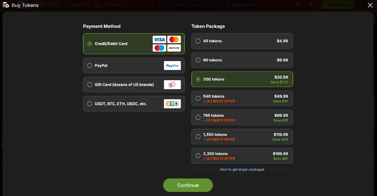 Stripchat token packages with credit card, PayPal, gift card, and cryptocurrency payment options