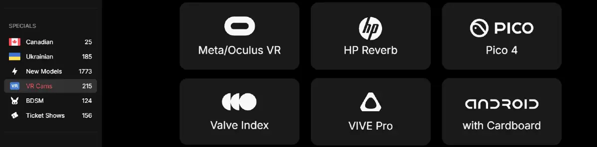 Stripchat supported VR headsets including Meta Oculus, HP Reverb, Pico 4, Valve Index, Vive Pro, and Android with Cardboard