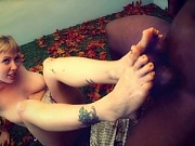 Super hot blonde sucks cock then jerks it off with her feet!