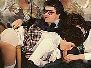 Two wet hairy ladies fucking the seventies boss together