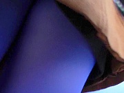 Butt in blue tights up the coat 