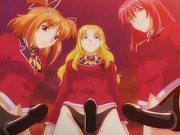 Hentai scene of three gals in strapons jigging slave