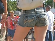 The beautiful denim shorts girls are erotically waving their nice and tight ass cheeks 