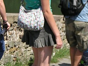 Upskirt shots, of teen blonde cutie in pleated mini