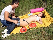 Hot picknicking teenage hottie surprised by a stiff knob