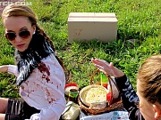 Two babes out for picnic decide to wear it instead of eat it