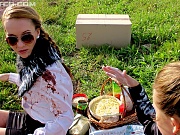 Two babes out for picnic decide to wear it instead of eat it 