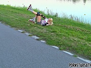 Roller skating girl loves jerking a solid cock outdoors 
