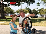 Young blonde Missy Mae has sex with a boy that fixes her bike