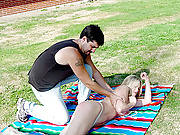 Sunbathing blonde spanked raw outdoors
